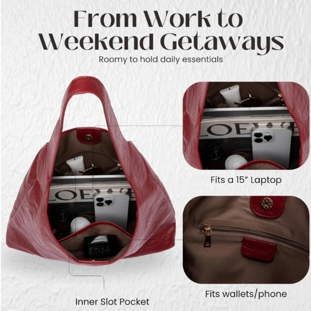 🌹🆕 Vegan Leather Red Burgundy Shoulder bag Slouchy Hobo Tote - Picture 4 of 6